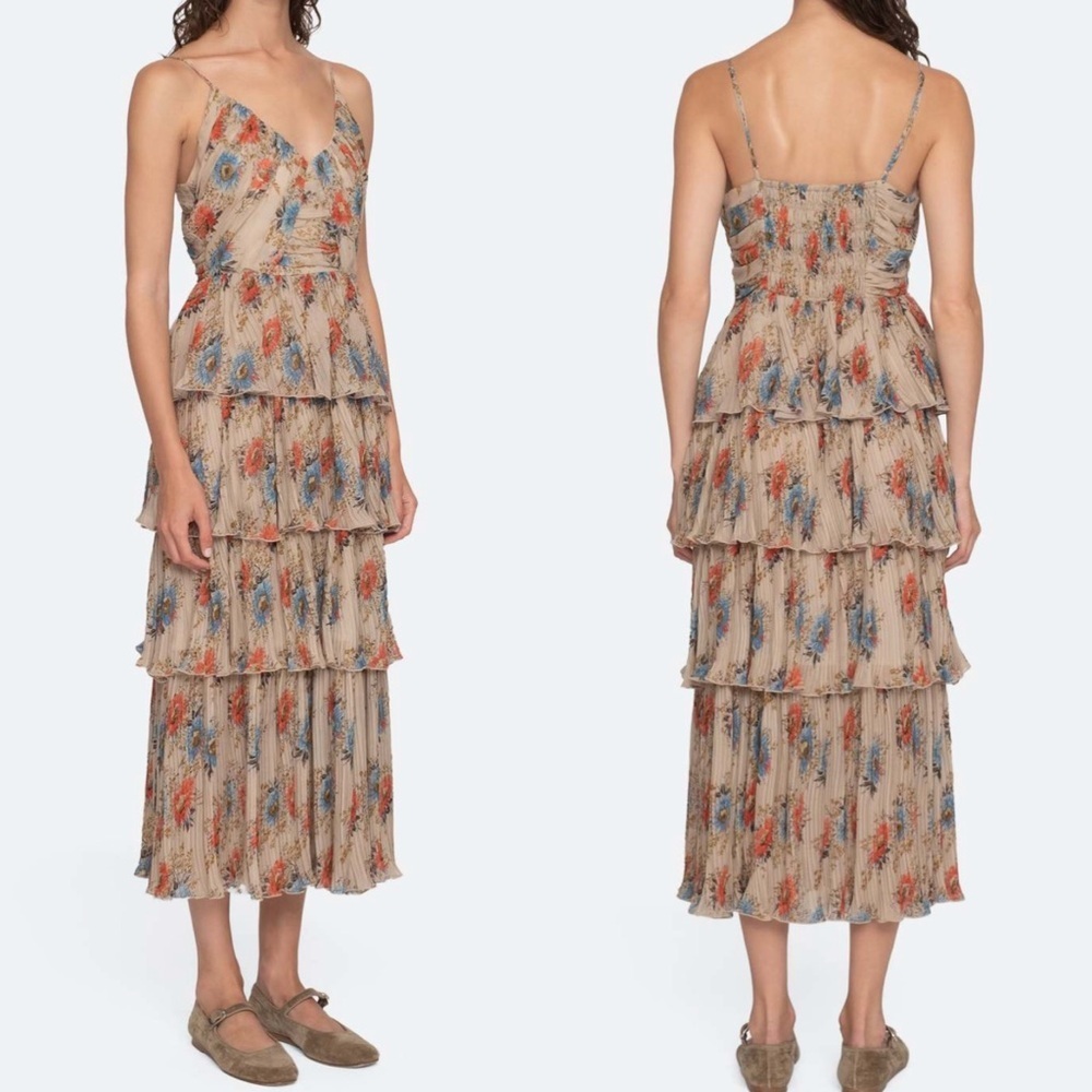 Sea New York Roanne Floral Print Pleated Ruffle Tiered Sleeveless Midi  Dress - Picture 2 of 9